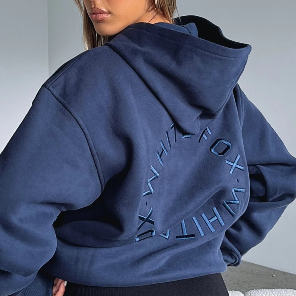 White Fox Boutique Navy Blue Embroidered Back Logo Hoodie